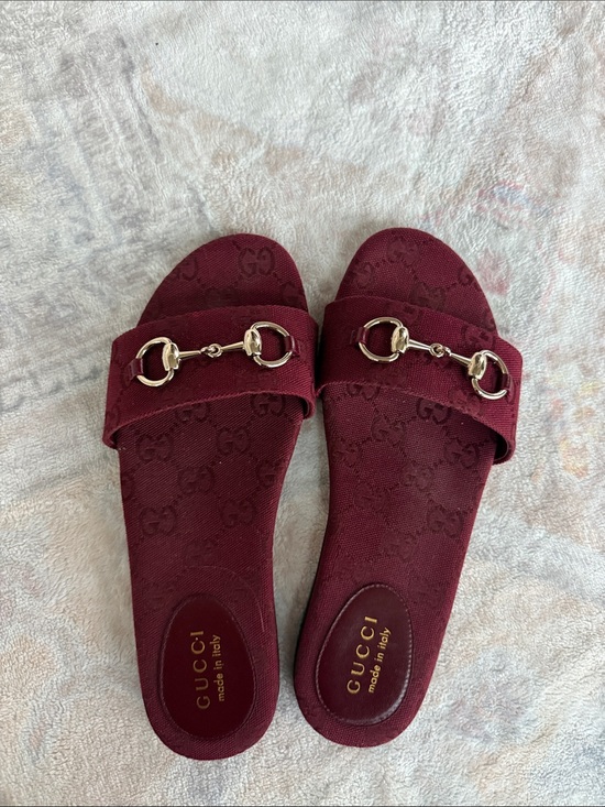 Gucci Shoes - Gucci Burgundy GG Canvas Horsebit Slide Sandals